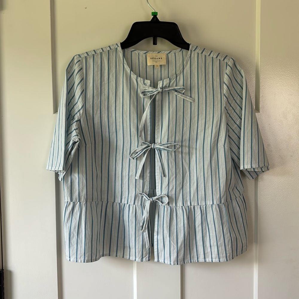 Sezane Ileana Blouse Ecru With Blue Stripes - Size 6